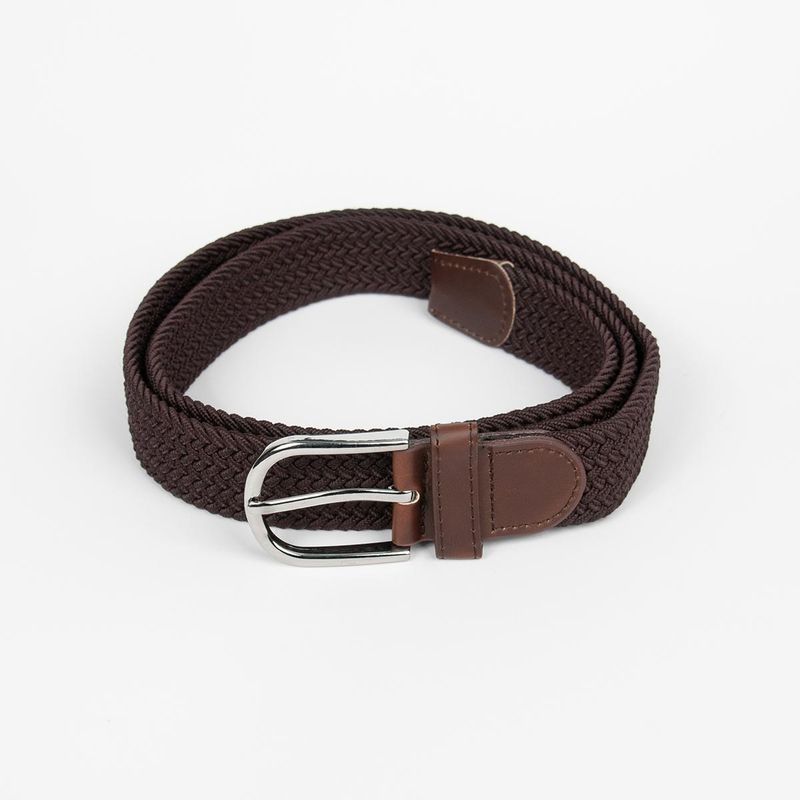 Strikkbelte, leatherlook sølv spenne - mørk brun