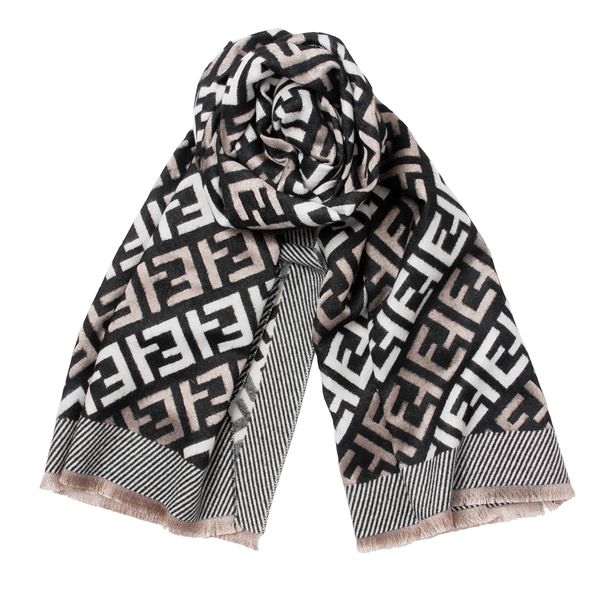 Hovedbilde Skjerf med grafisk mønster - svart, hvit og beige ...