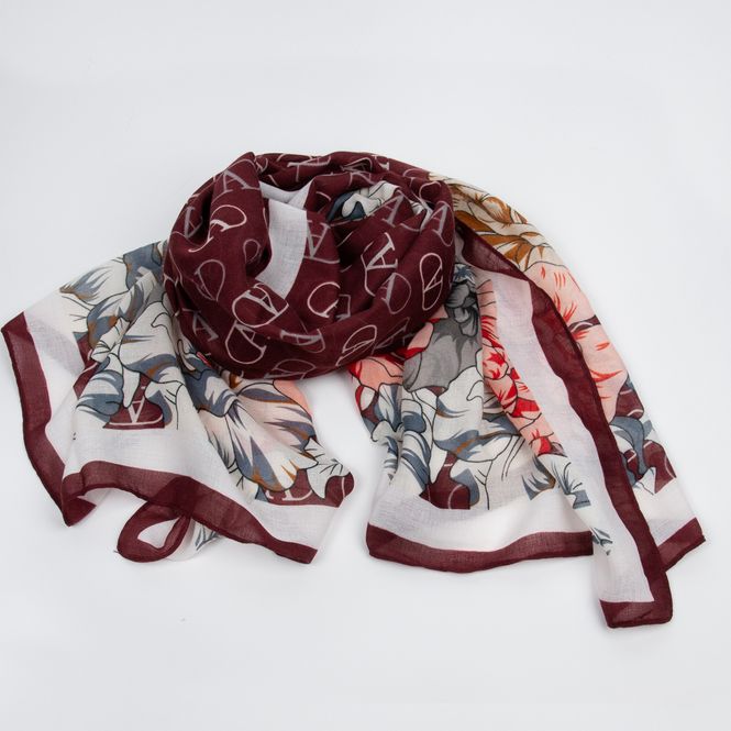 Huvudbild Scarf med blommor och bokstavsmönster vinröd