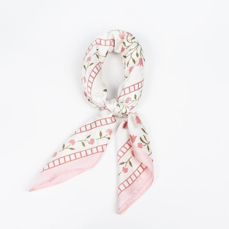 Lite skjerf hvitt med rosa blomster og striper 70x70 cm