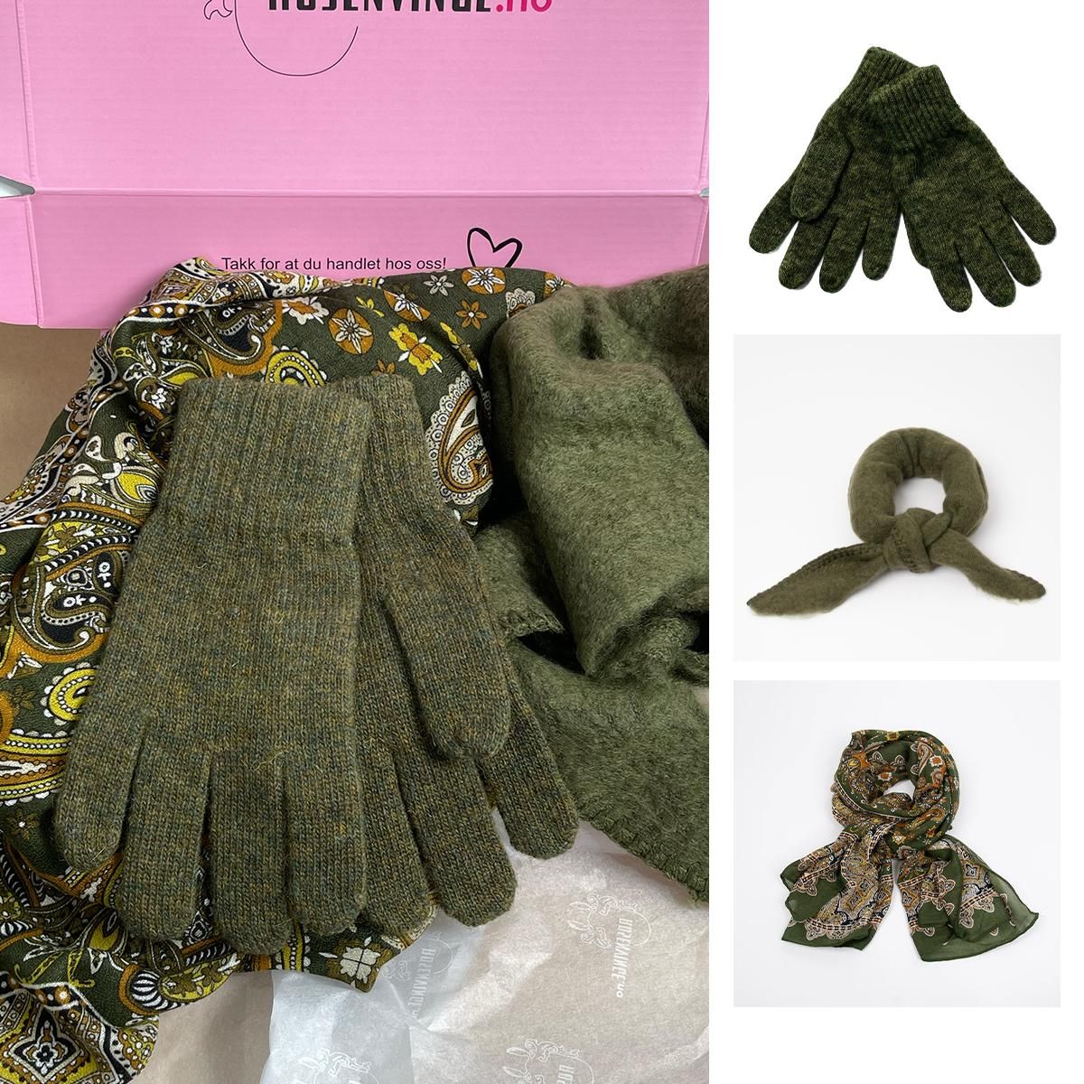 Gavepakke – olivengrønne vanter, trekantskjerf og paisley skjerf